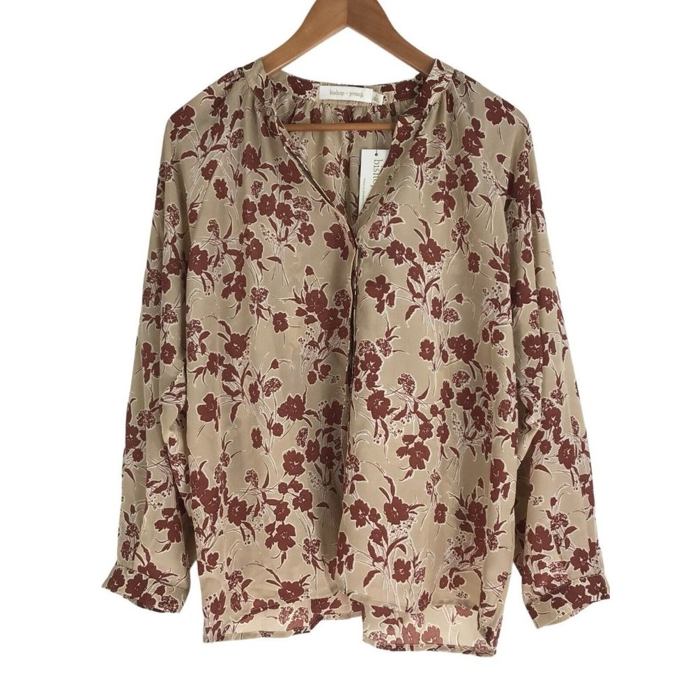 Bishop‎ + Young Blouse Womens Size Medium M Beige Burgundy Floral Long Sleeve